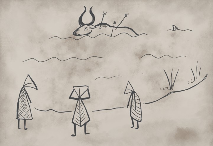 Tegning af uroksejagt i stenalderen. Oksen er drevet ud i vandet, hvor den er et let offer for de sidste pile.